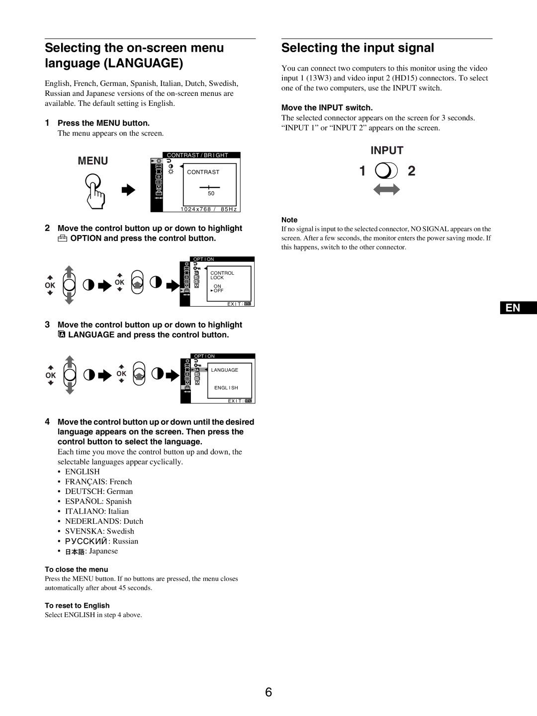 Sony GDM-5510 Selecting the on-screen menu language Language, Selecting the input signal, Press the Menu button, English 