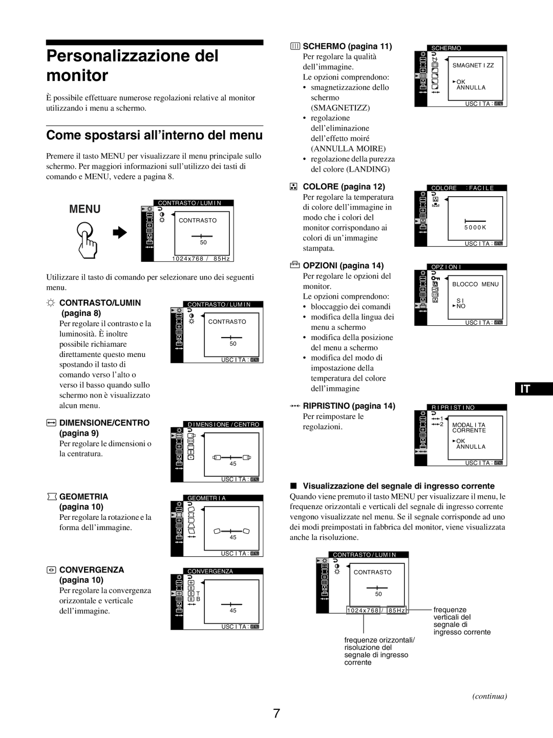 Sony GDM-5510 operating instructions Personalizzazione del monitor, Come spostarsi all’interno del menu 