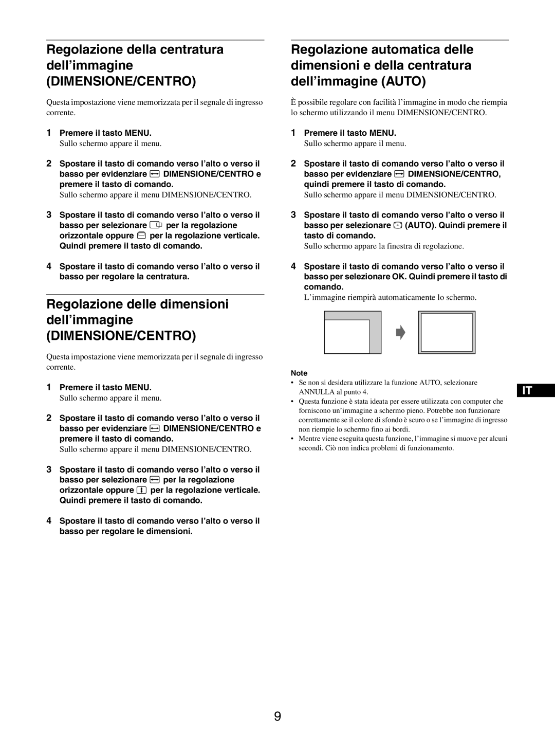 Sony GDM-5510 Regolazione della centratura dell’immagine, Dimensione/Centro, Regolazione delle dimensioni dell’immagine 