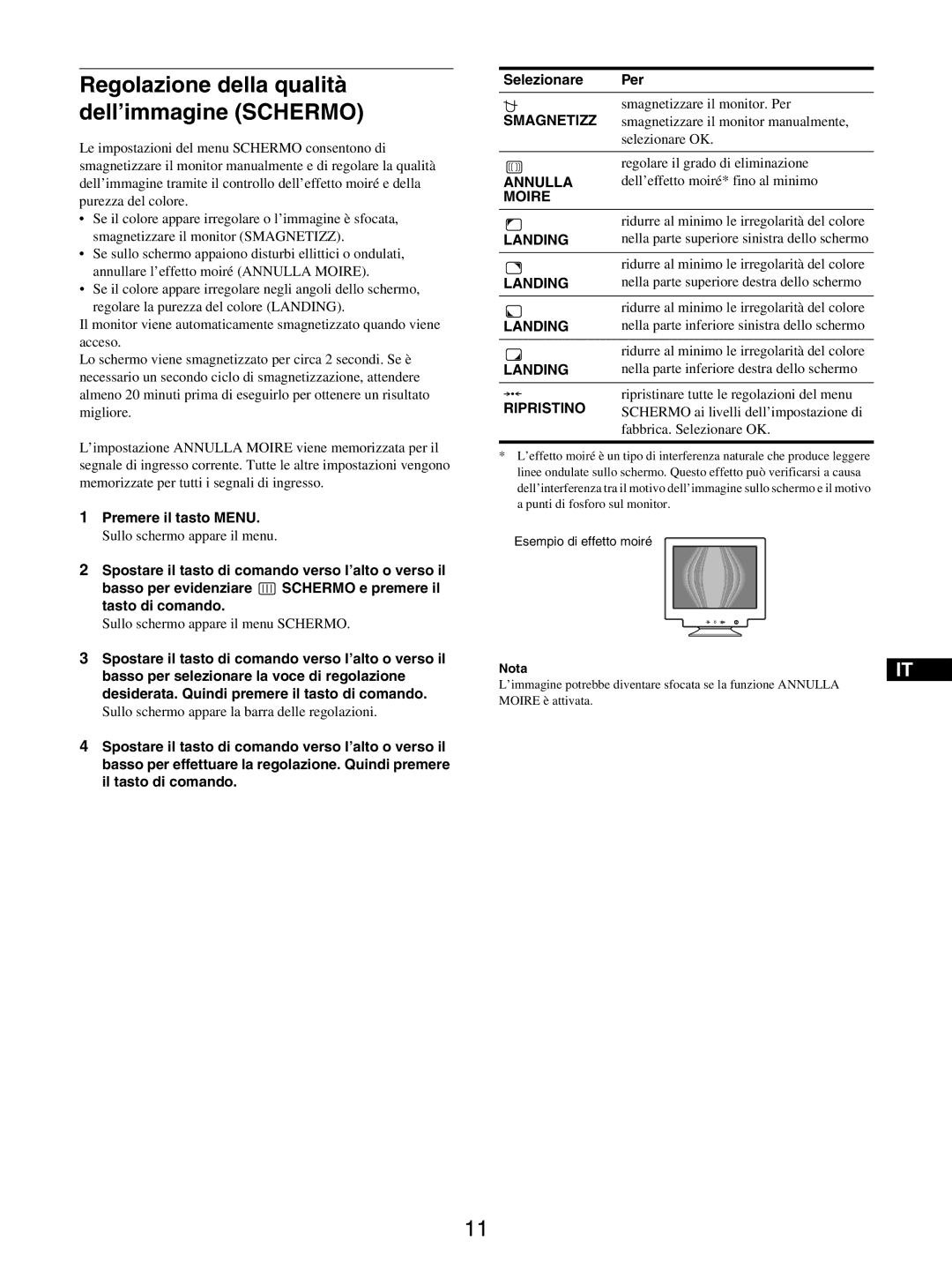 Sony GDM-5510 Sullo schermo appare il menu Schermo, Smagnetizzare il monitor. Per, Smagnetizzare il monitor manualmente 