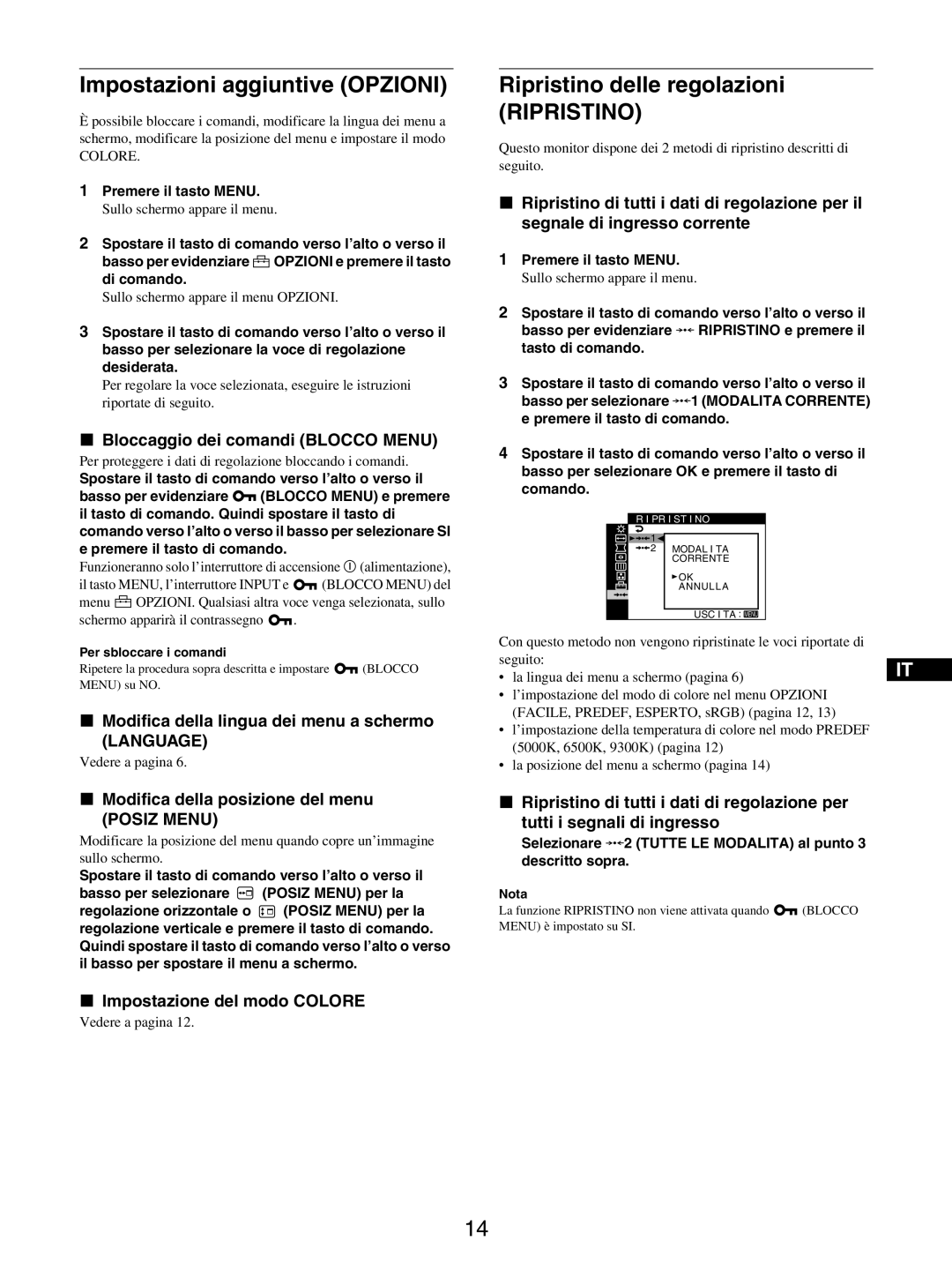 Sony GDM-5510 operating instructions Impostazioni aggiuntive Opzioni, Ripristino delle regolazioni 