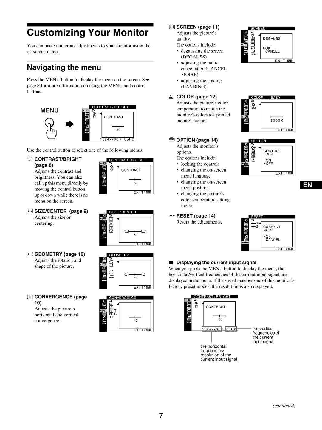 Sony GDM-5510 operating instructions Customizing Your Monitor, Navigating the menu 