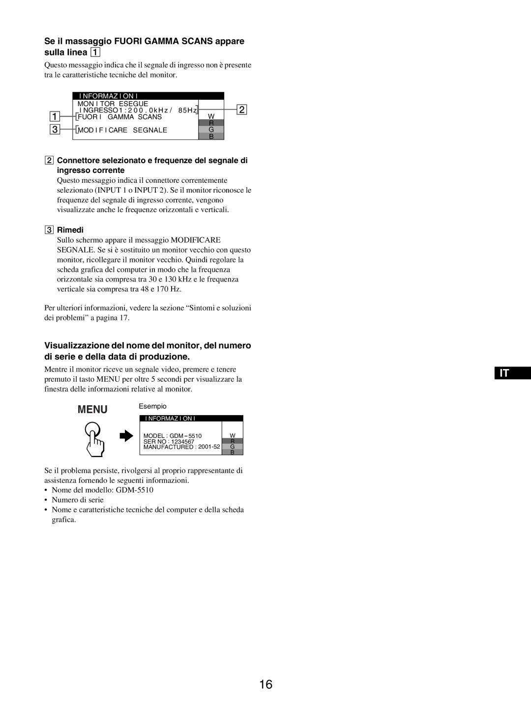 Sony GDM-5510 operating instructions Se il massaggio Fuori Gamma Scans appare sulla linea 