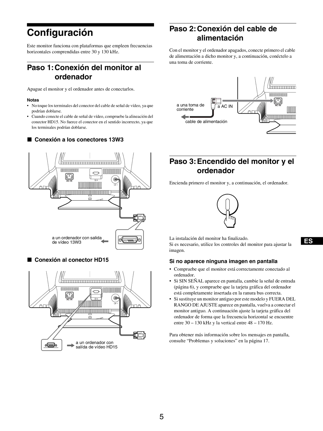 Sony GDM-5510 Configuración, Paso 1 Conexión del monitor al ordenador, Paso 2 Conexión del cable de alimentación 