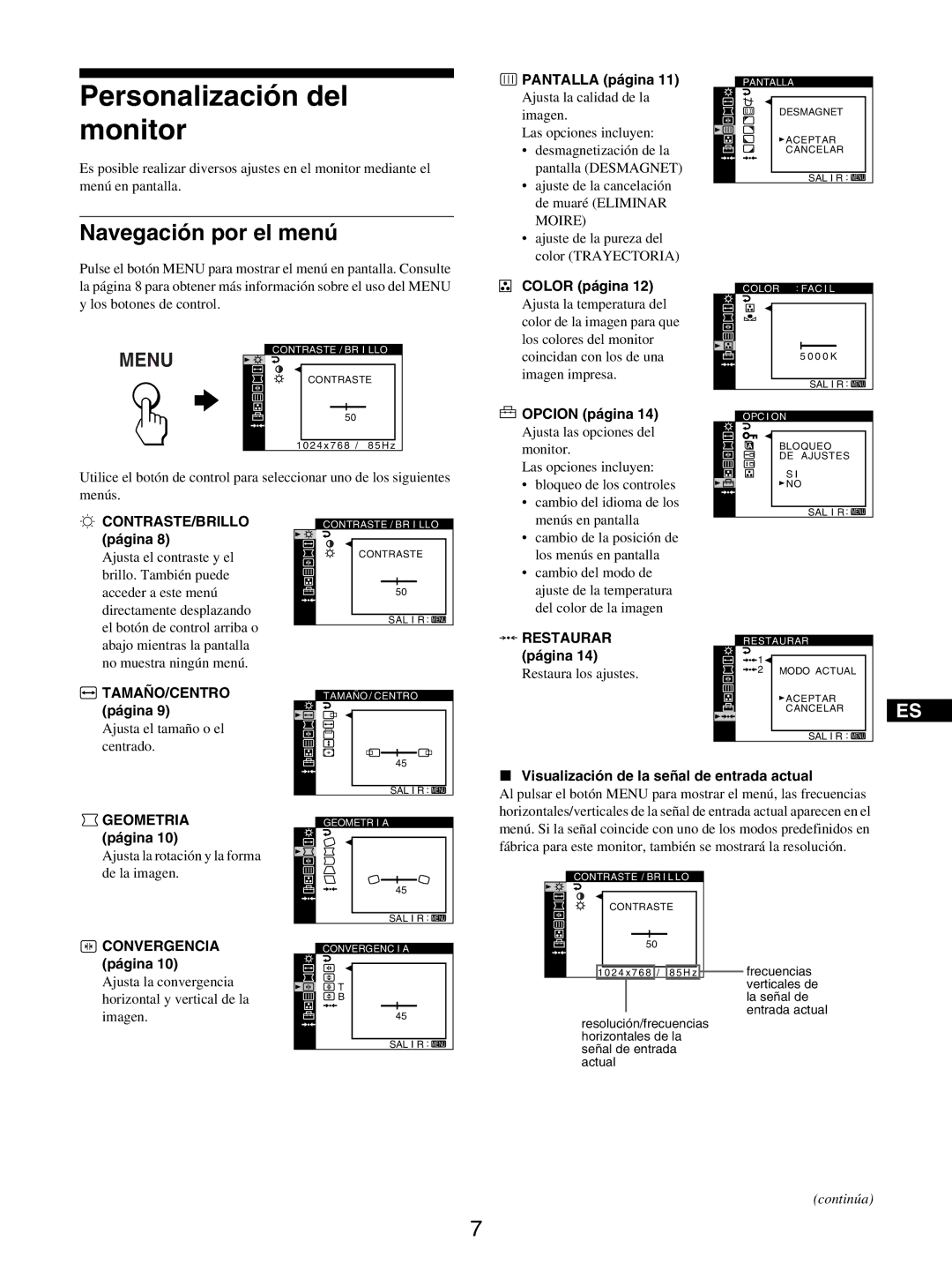 Sony GDM-5510 operating instructions Personalización del monitor, Navegación por el menú 