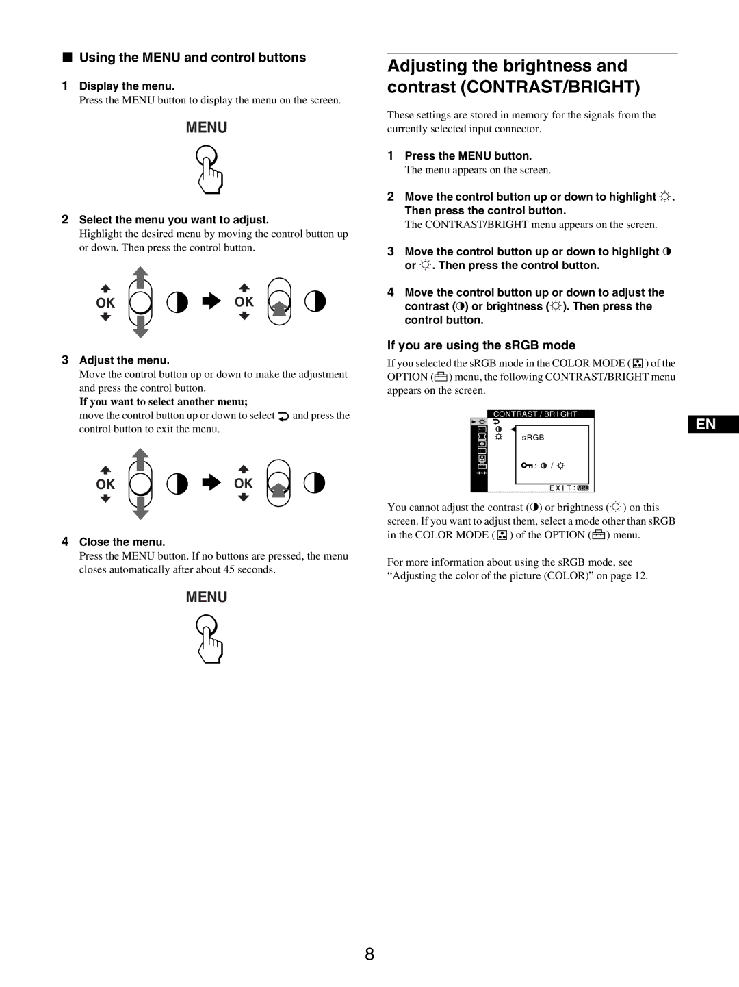 Sony GDM-5510 operating instructions Using the Menu and control buttons, If you are using the sRGB mode 