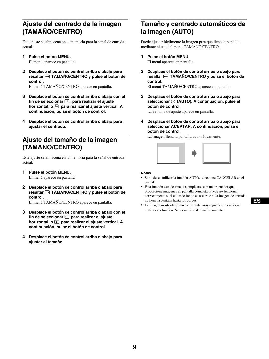 Sony GDM-5510 Ajuste del centrado de la imagen TAMAÑO/CENTRO, Ajuste del tamaño de la imagen TAMAÑO/CENTRO 