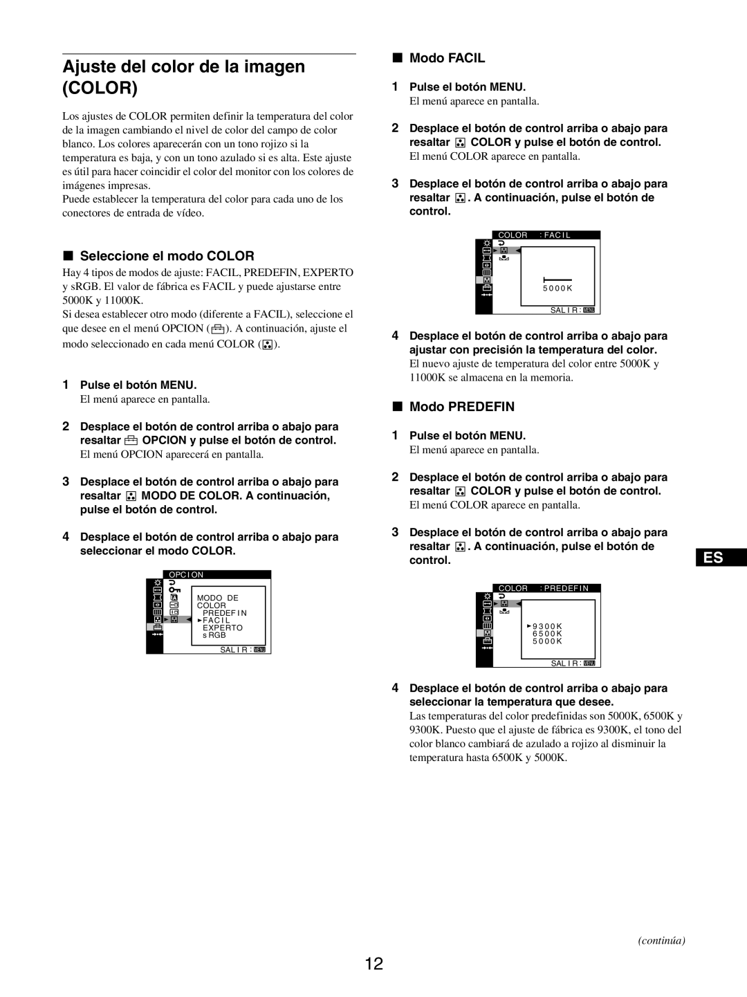 Sony GDM-5510 Ajuste del color de la imagen Color, Seleccione el modo Color, Modo Facil, Modo Predefin 