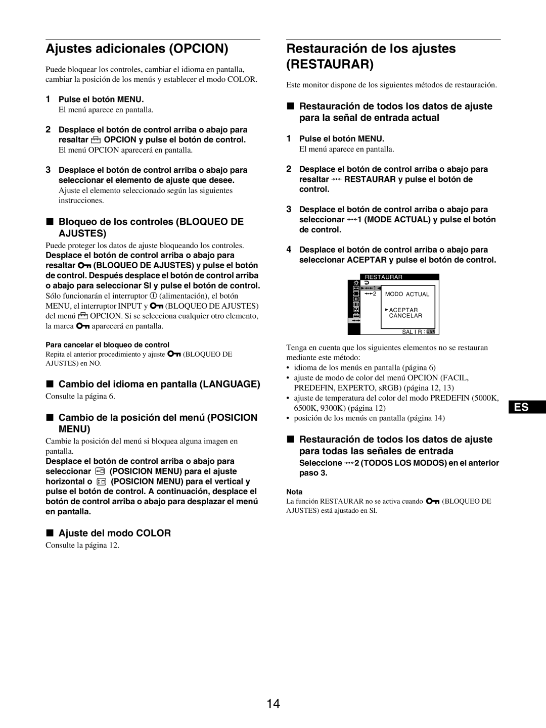 Sony GDM-5510 operating instructions Ajustes adicionales Opcion, Restauración de los ajustes, Restaurar 