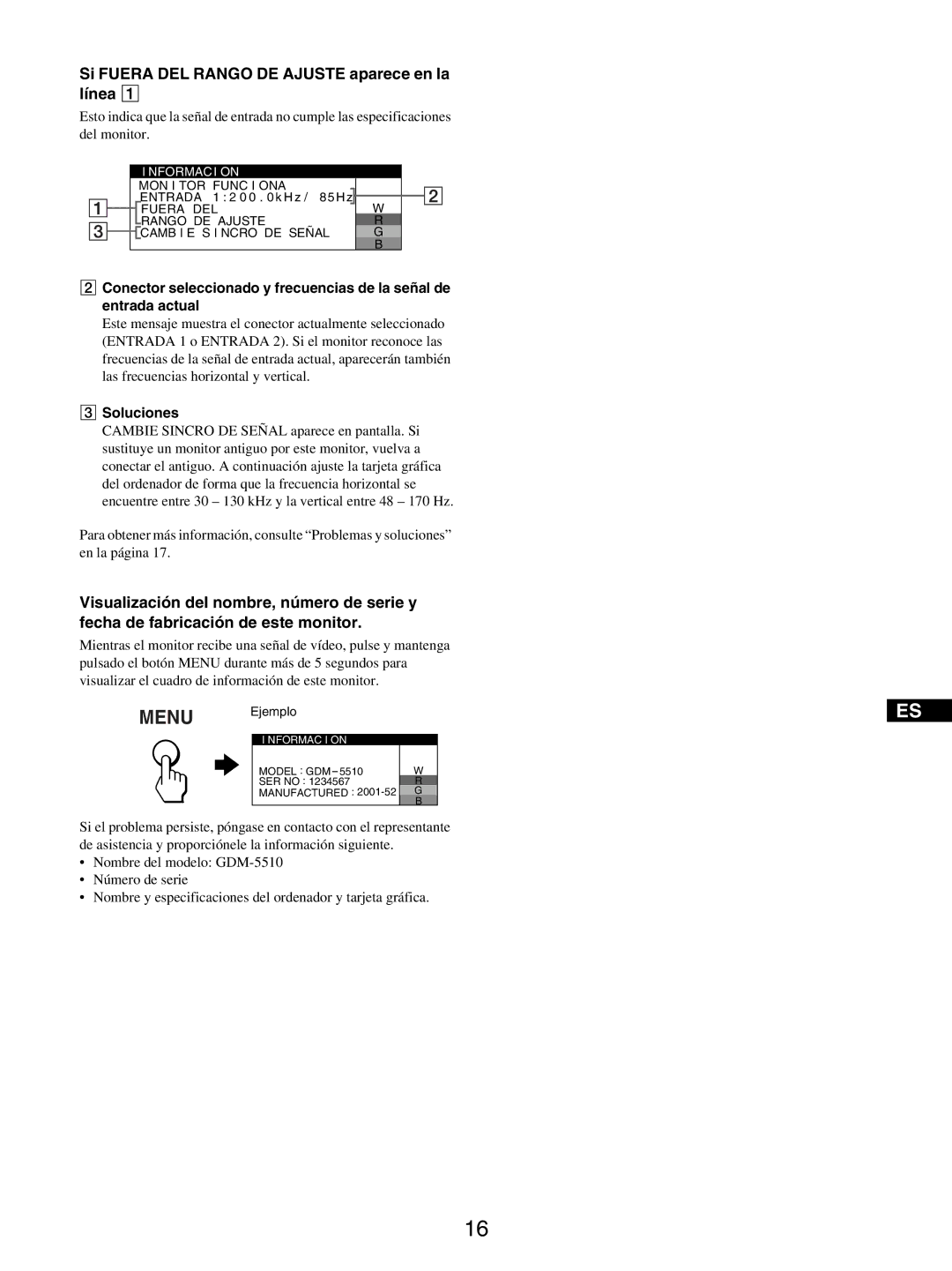 Sony GDM-5510 operating instructions Si Fuera DEL Rango DE Ajuste aparece en la línea 