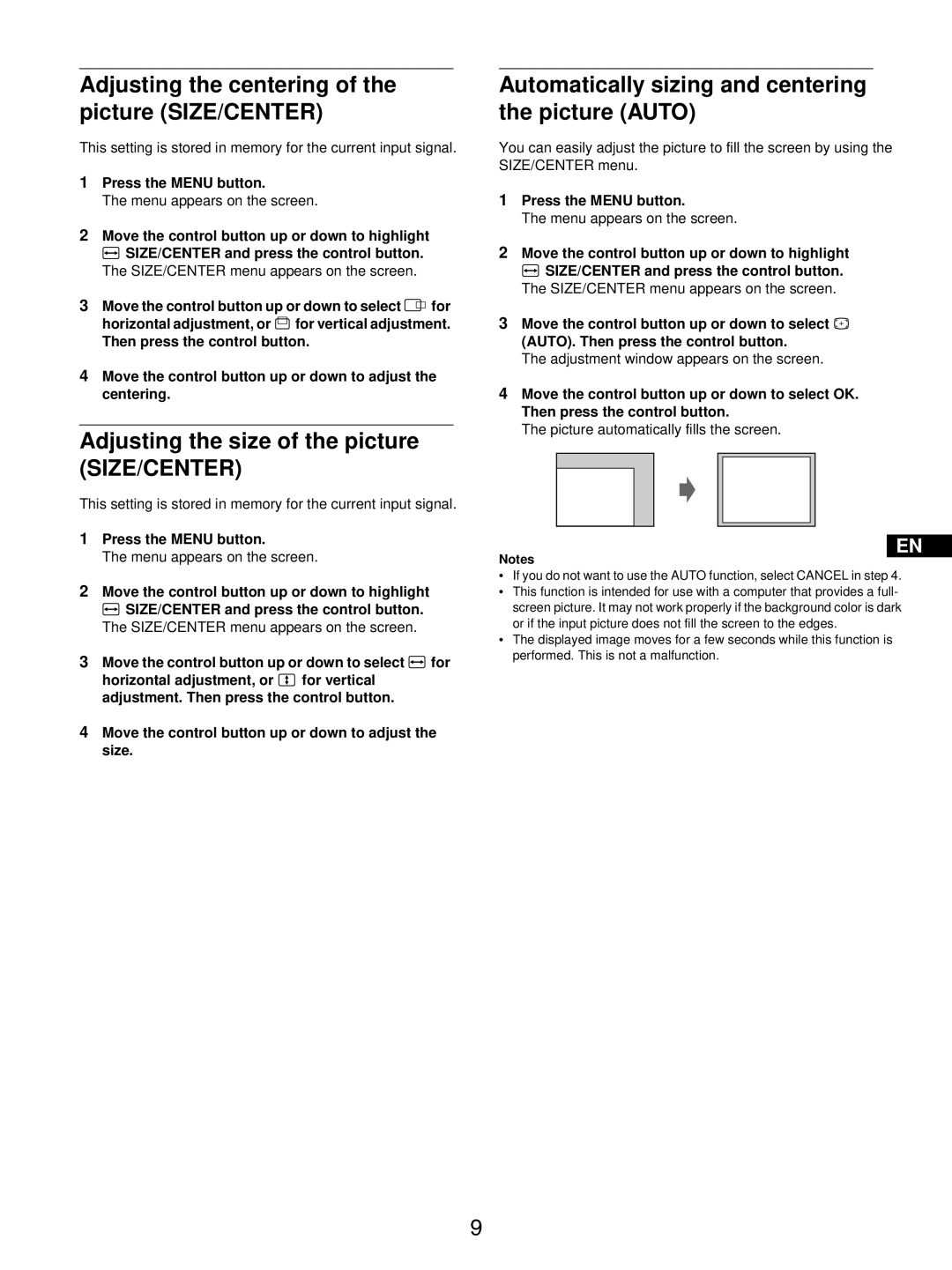 Sony GDM-5510 Adjusting the centering of the picture SIZE/CENTER, Adjusting the size of the picture SIZE/CENTER 