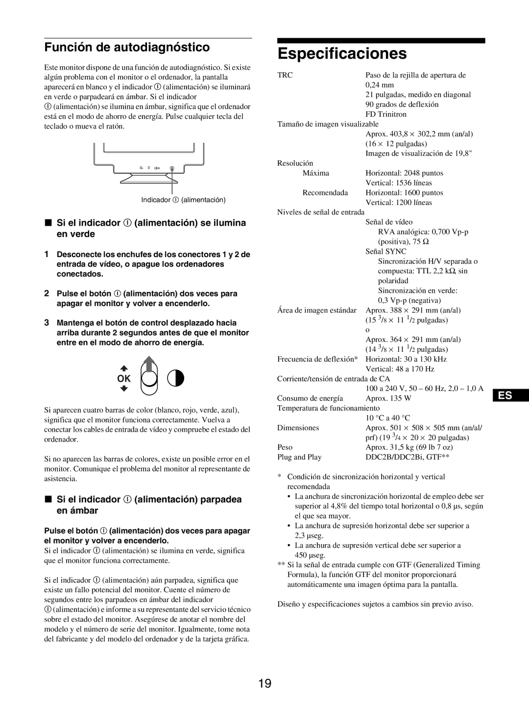 Sony GDM-5510 Especificaciones, Función de autodiagnóstico, Si el indicador ! alimentación se ilumina en verde, Trc 