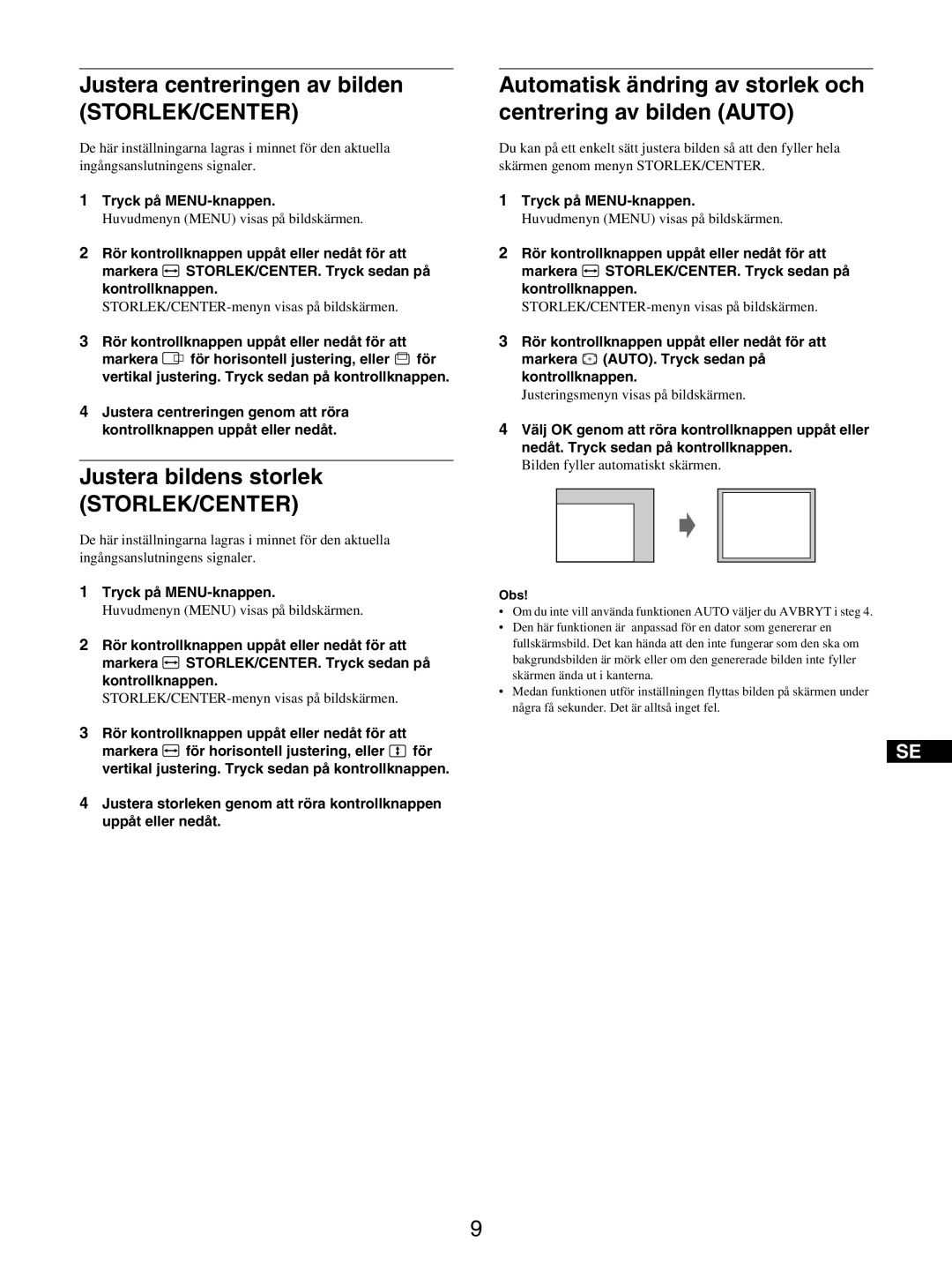 Sony GDM-5510 operating instructions Justera centreringen av bilden, Storlek/Center, Justera bildens storlek 