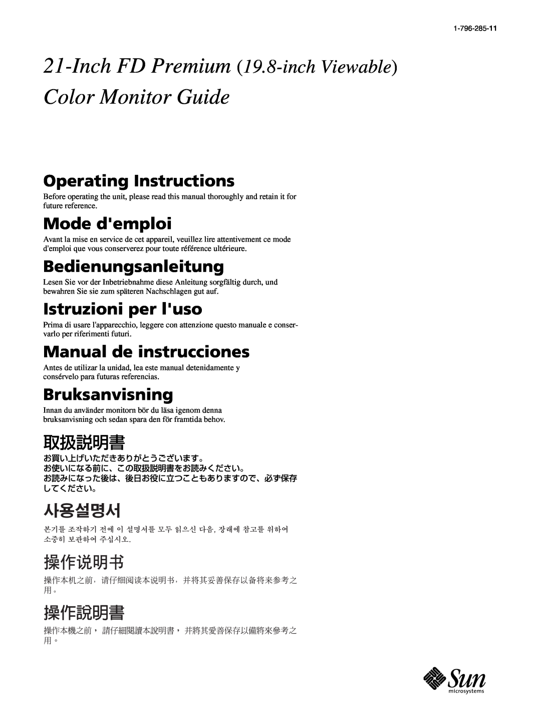 Sony GDM-5510 operating instructions Inch FD Premium 19.8-inch Viewable, Color Monitor Guide, Operating Instructions 