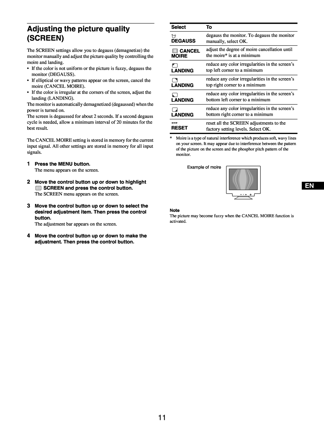Sony GDM-5510 operating instructions Adjusting the picture quality SCREEN, Example of moire 