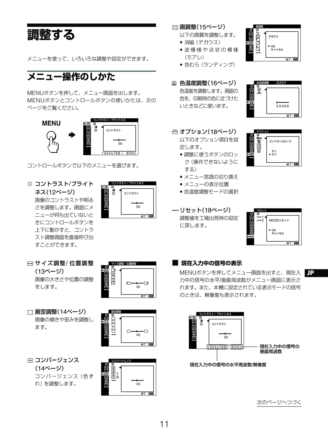 Sony GDM-5510 調整する, メニュー操作のしかた, Menu, 画調整（15ページ）, 色温度調整（16ページ）, オプション（18ページ）, コントラスト/ブライト ネス（12ページ）, 0リセット（18ページ）, （14ページ） 