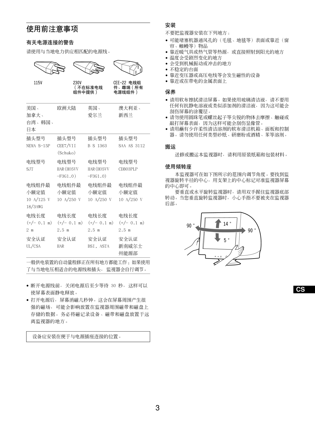 Sony GDM-5510 operating instructions 使用前注意事项, 有关电源连接的警告, 使用倾转座 