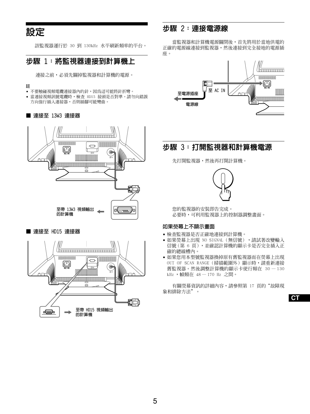 Sony GDM-5510 operating instructions 步驟 1：將監視器連接到計算機上, 步驟 2：連接電源線, 步驟 3：打開監視器和計算機電源, 連接至 13W3 連接器, 連接至 HD15 連接器, 如果熒幕上不顯示畫面 