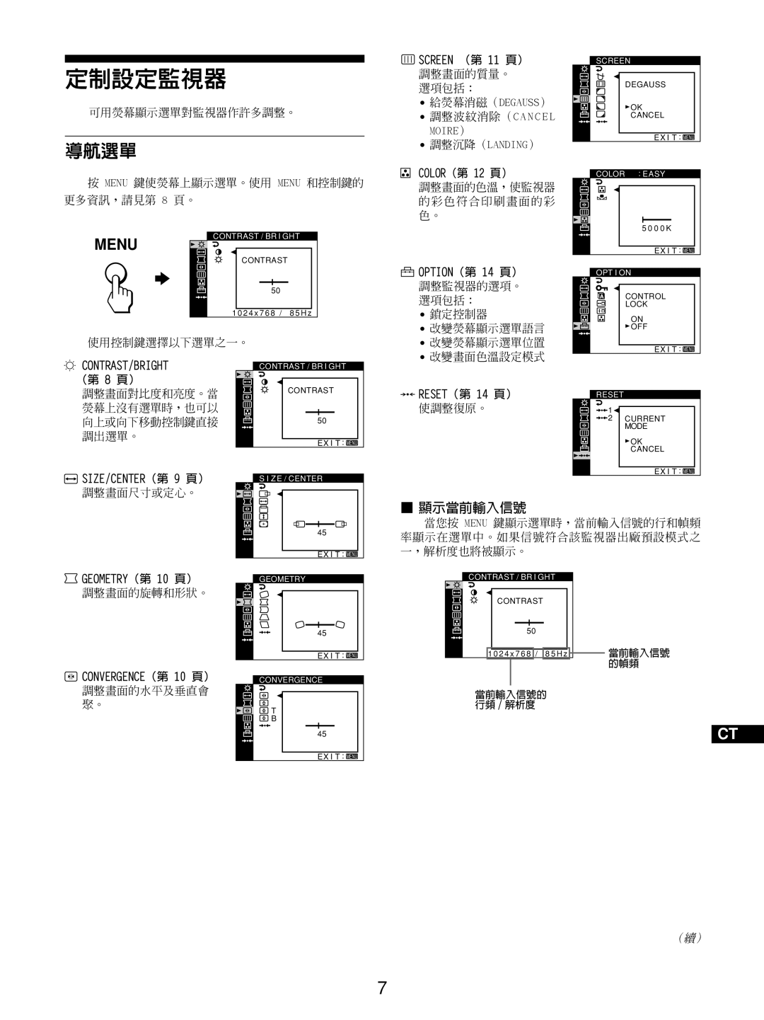 Sony GDM-5510 定制設定監視器, 導航選單, Menu, 顯示當前輸入信號, SCREEN （第 11 頁）, COLOR（第 12 頁）, Contrast/Bright, （第 8 頁）, SIZE/CENTER（第 9 頁） 
