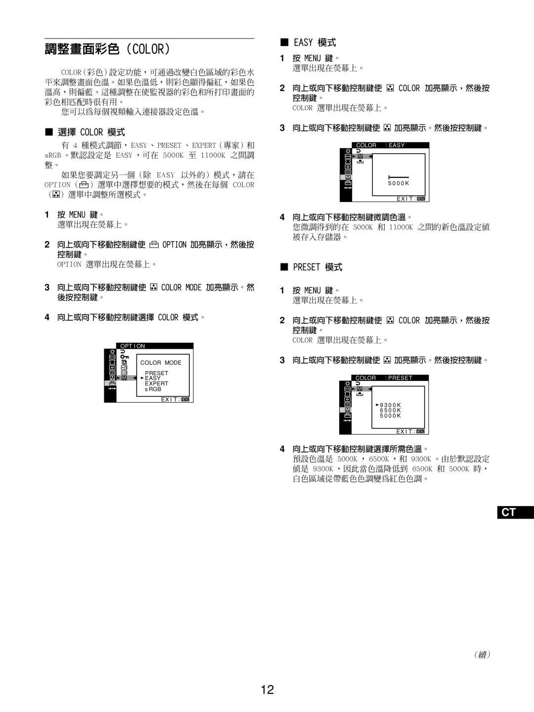 Sony GDM-5510 調整畫面彩色（Color）, Easy 模式, 選擇 Color 模式, Preset 模式, 1 按 MENU 鍵。, 2 向上或向下移動控制鍵使 OPTION 加亮顯示，然後按 控制鍵。 
