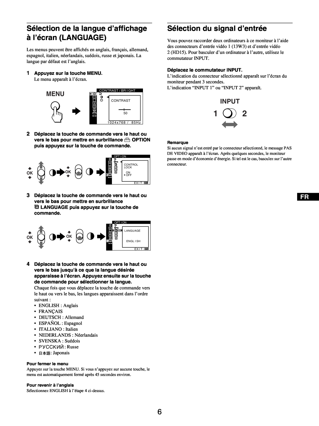 Sony GDM-5510 Sélection de la langue d’affichage à l’écran LANGUAGE, Sélection du signal d’entrée, Menu, Input 