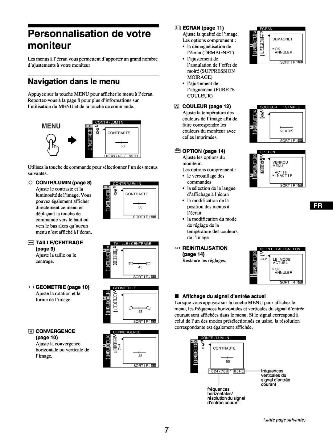 Sony GDM-5510 operating instructions Personnalisation de votre moniteur, Navigation dans le menu, Menu, suite page suivante 