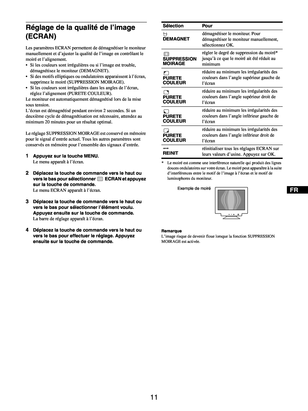 Sony GDM-5510 operating instructions Réglage de la qualité de l’image ECRAN, Exemple de moiré 