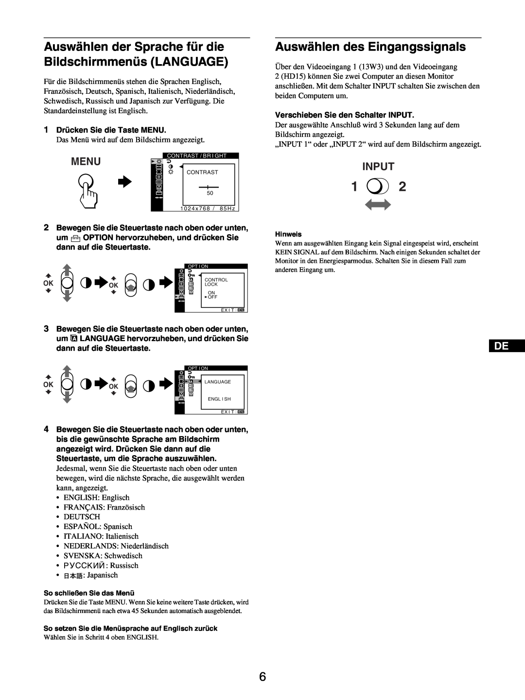 Sony GDM-5510 Auswählen des Eingangssignals, Auswählen der Sprache für die Bildschirmmenüs LANGUAGE, Menu, Input 
