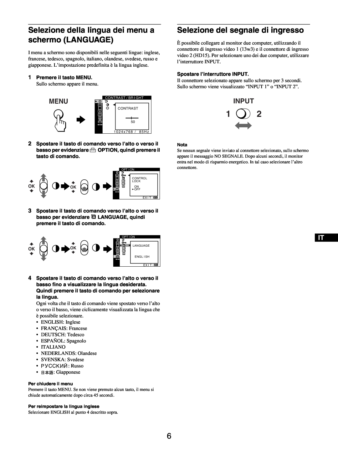 Sony GDM-5510 Selezione della lingua dei menu a schermo LANGUAGE, Selezione del segnale di ingresso, Menu, Input 