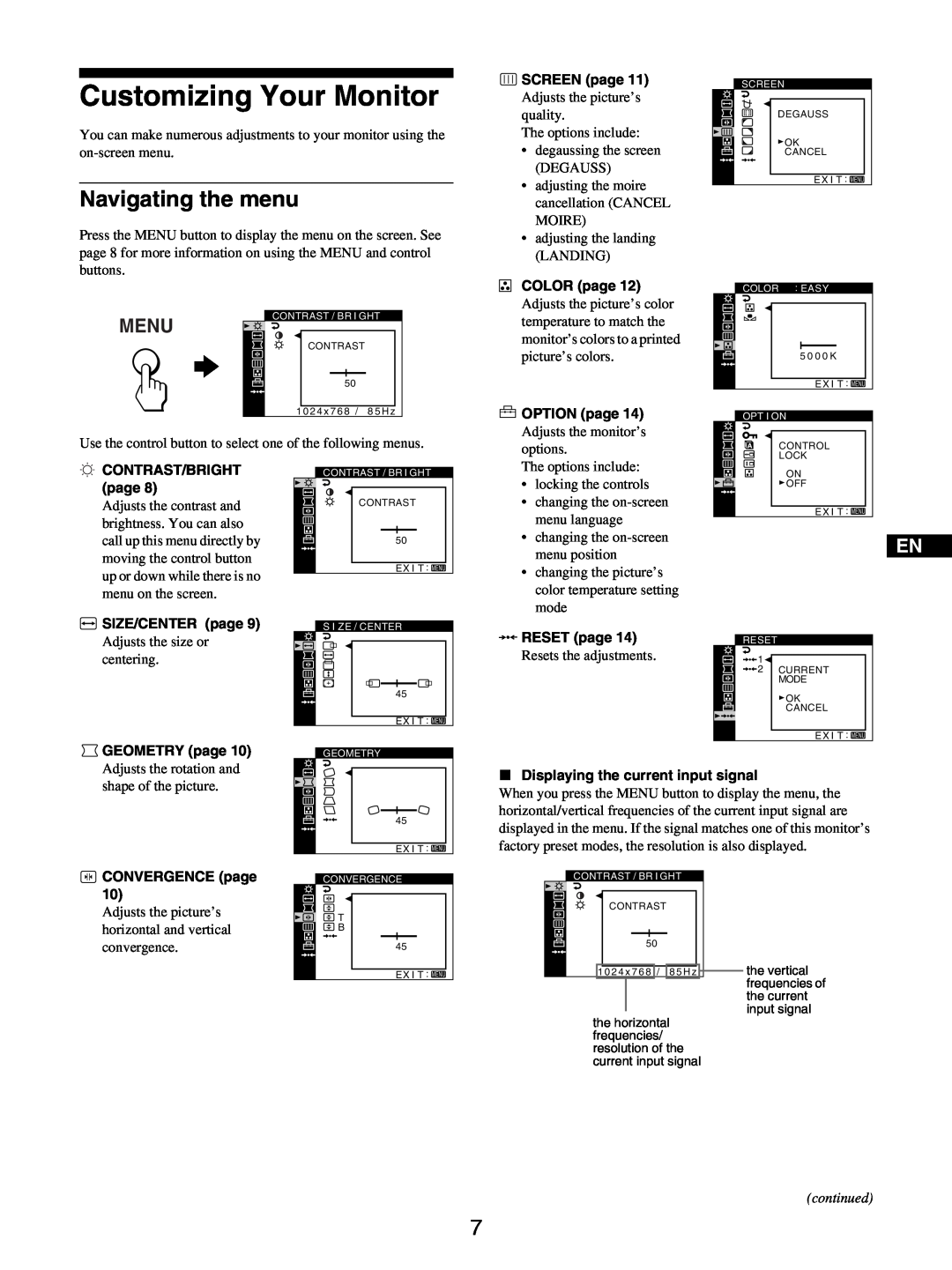 Sony GDM-5510 operating instructions Customizing Your Monitor, Navigating the menu, Menu, continued 