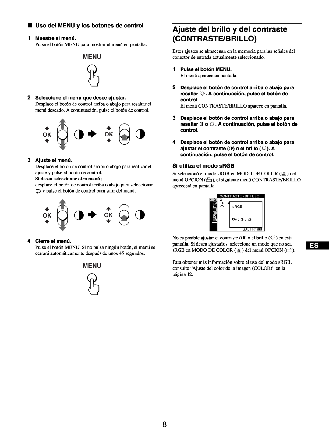 Sony GDM-5510 Ajuste del brillo y del contraste, Contraste/Brillo, Menu, Okok, x Uso del MENU y los botones de control 