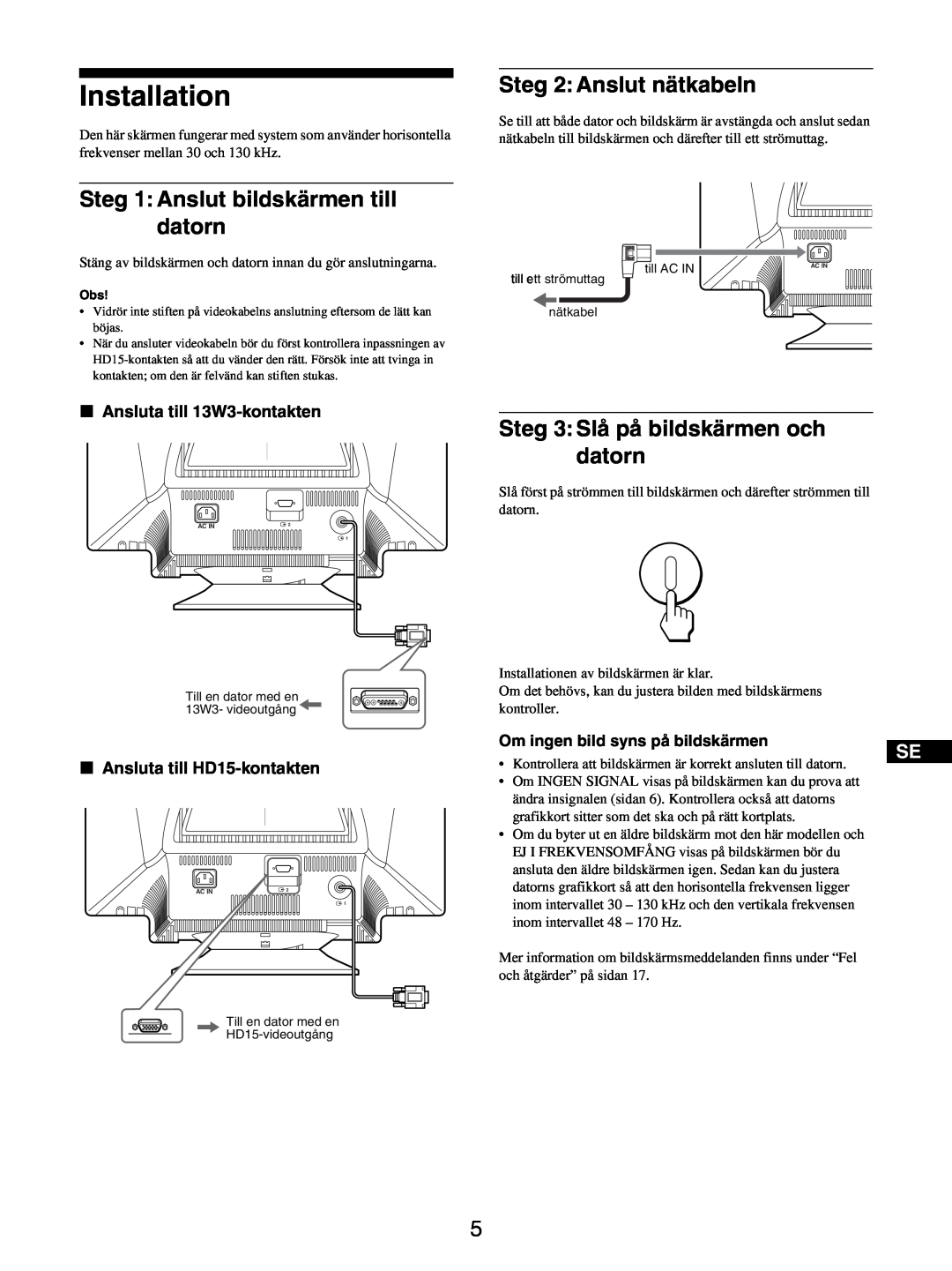 Sony GDM-5510 Installation, Steg 1 Anslut bildskärmen till datorn, Steg 2Anslut nätkabeln, x Ansluta till 13W3-kontakten 