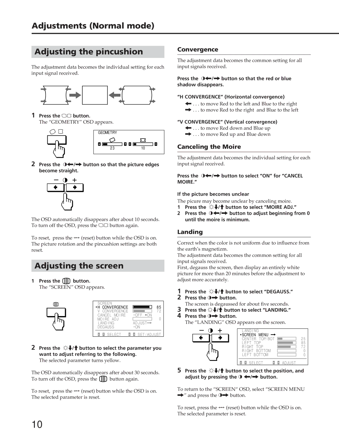 Sony GDM-90W01T Adjustments Normal mode Adjusting the pincushion, Adjusting the screen, Convergence, Canceling the Moire 