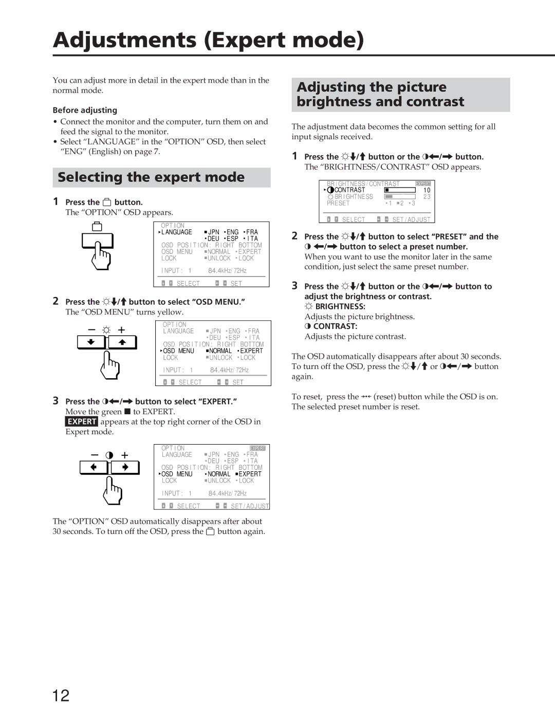 Sony GDM-90W01T manual Adjustments Expert mode, Selecting the expert mode, Adjusting the picture Brightness and contrast 