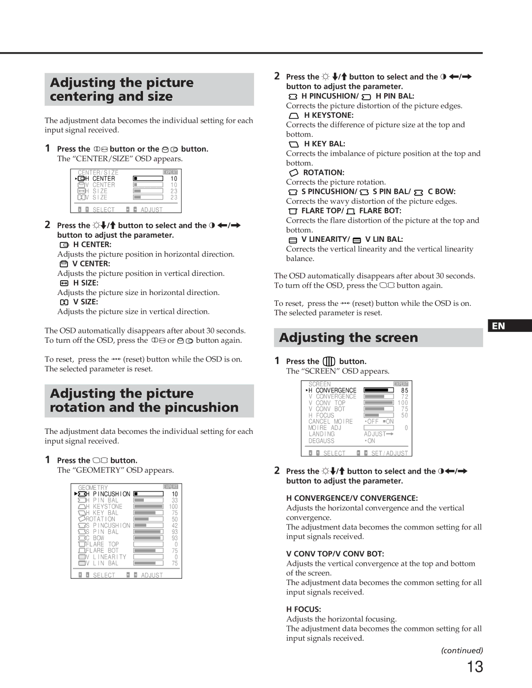 Sony GDM-90W01T manual Adjusting the picture Centering and size, Adjusting the picture Rotation and the pincushion 