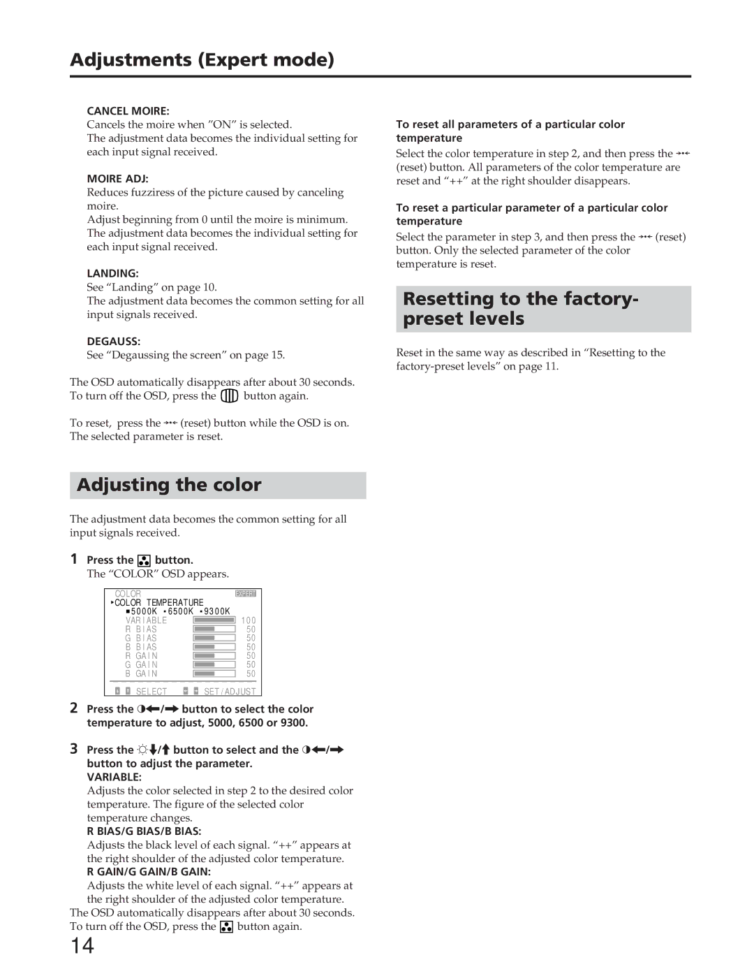 Sony GDM-90W01T manual Adjustments Expert mode, Adjusting the color, Resetting to the factory Preset levels 