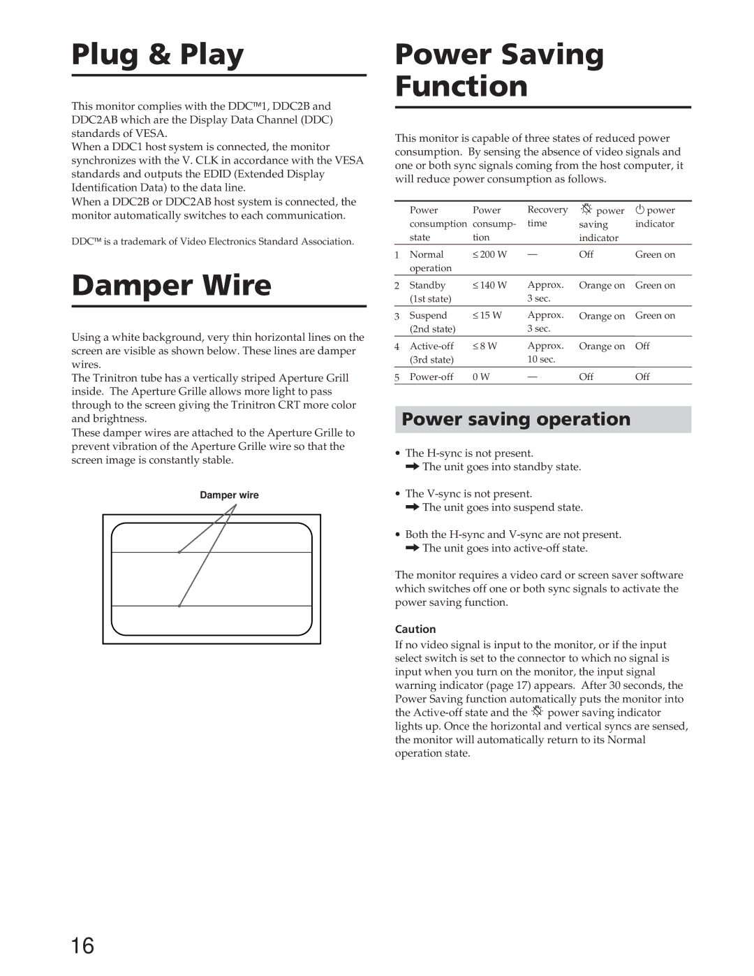 Sony GDM-90W01T manual Plug & Play, Damper Wire, Power Saving Function, Power saving operation 