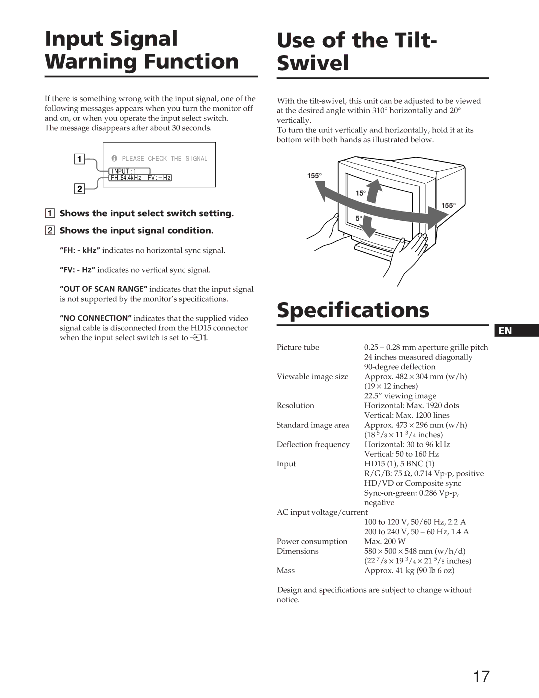 Sony GDM-90W01T manual Input Signal Warning Function, Use of the Tilt Swivel, Specifications 