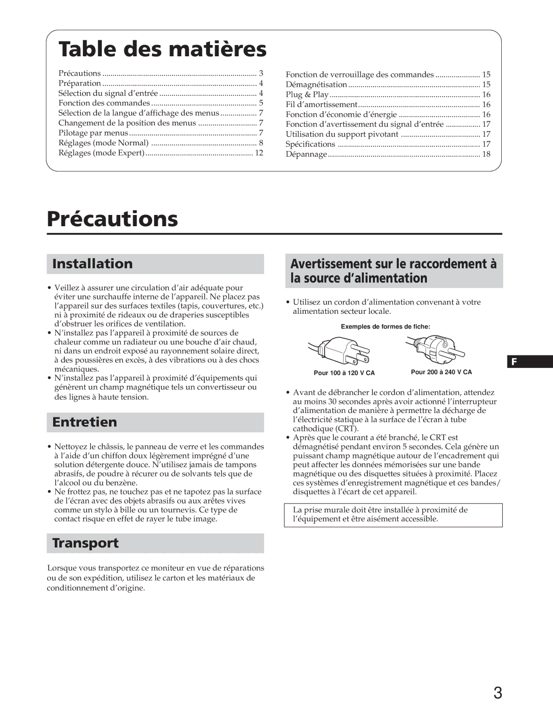 Sony GDM-90W01T manual Table des matières, Précautions, Entretien, Transport, La source d’alimentation 