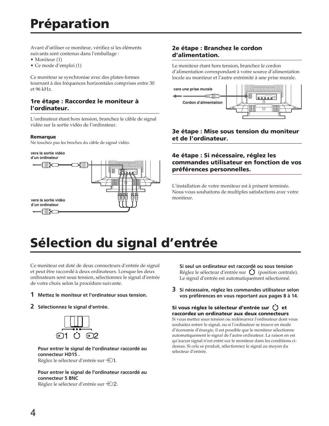 Sony GDM-90W01T manual Préparation, Sélection du signal d’entrée, 1re étape Raccordez le moniteur à l’ordinateur 