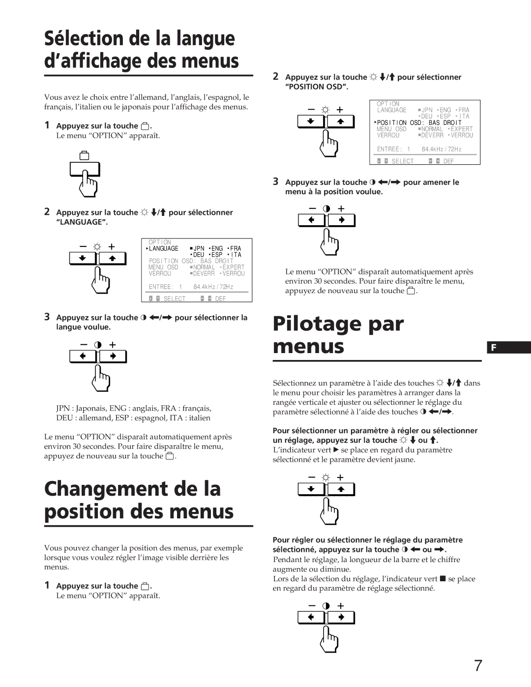 Sony GDM-90W01T manual Pilotage par menus, Appuyez sur la touche ¬ ./pour sélectionner Language 