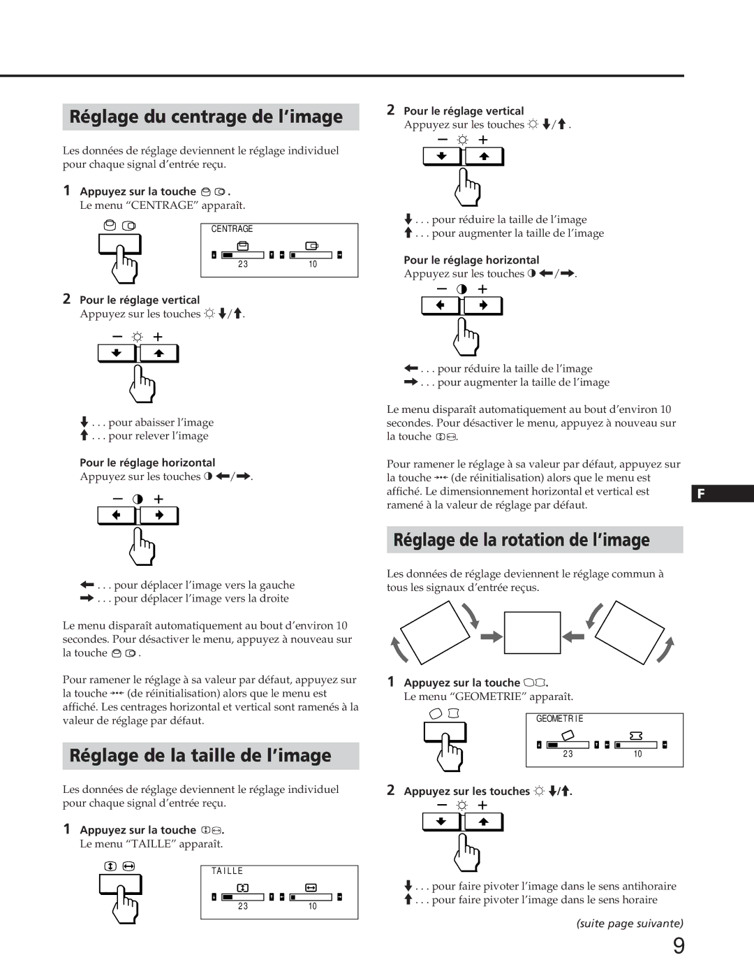 Sony GDM-90W01T manual Réglage du centrage de l’image, Réglage de la taille de l’image, Réglage de la rotation de l’image 