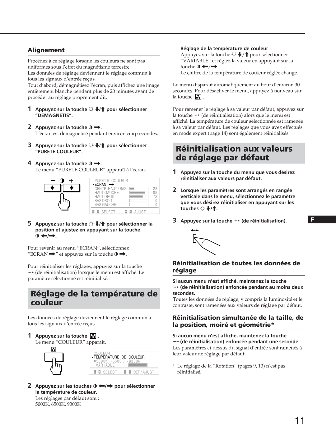 Sony GDM-90W01T manual Réglage de la température de Couleur, Réinitialisation aux valeurs De réglage par défaut, Alignement 