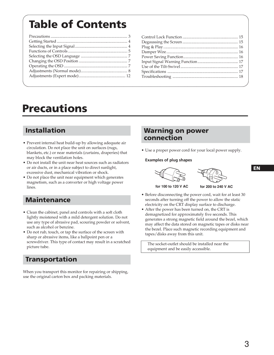 Sony GDM-90W01T manual Table of Contents, Precautions 