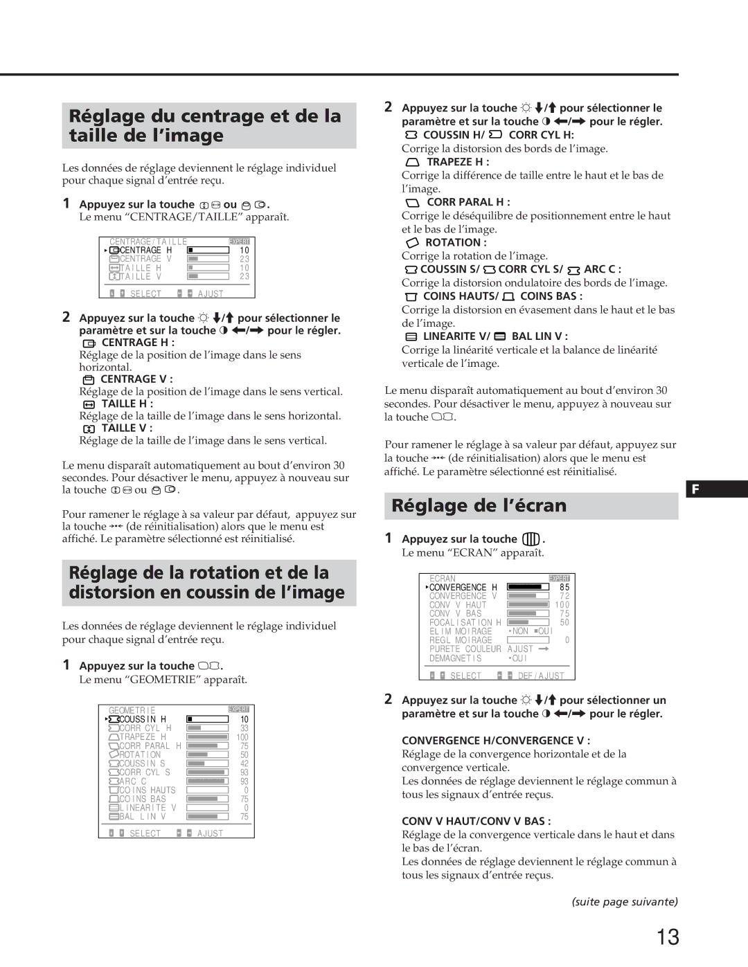 Sony GDM-90W01T manual Réglage du centrage et de la Taille de l’image 