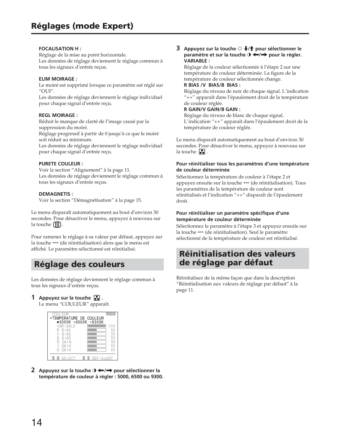 Sony GDM-90W01T manual Réglages mode Expert, Réglage des couleurs, Réinitialisation des valeurs De réglage par défaut 