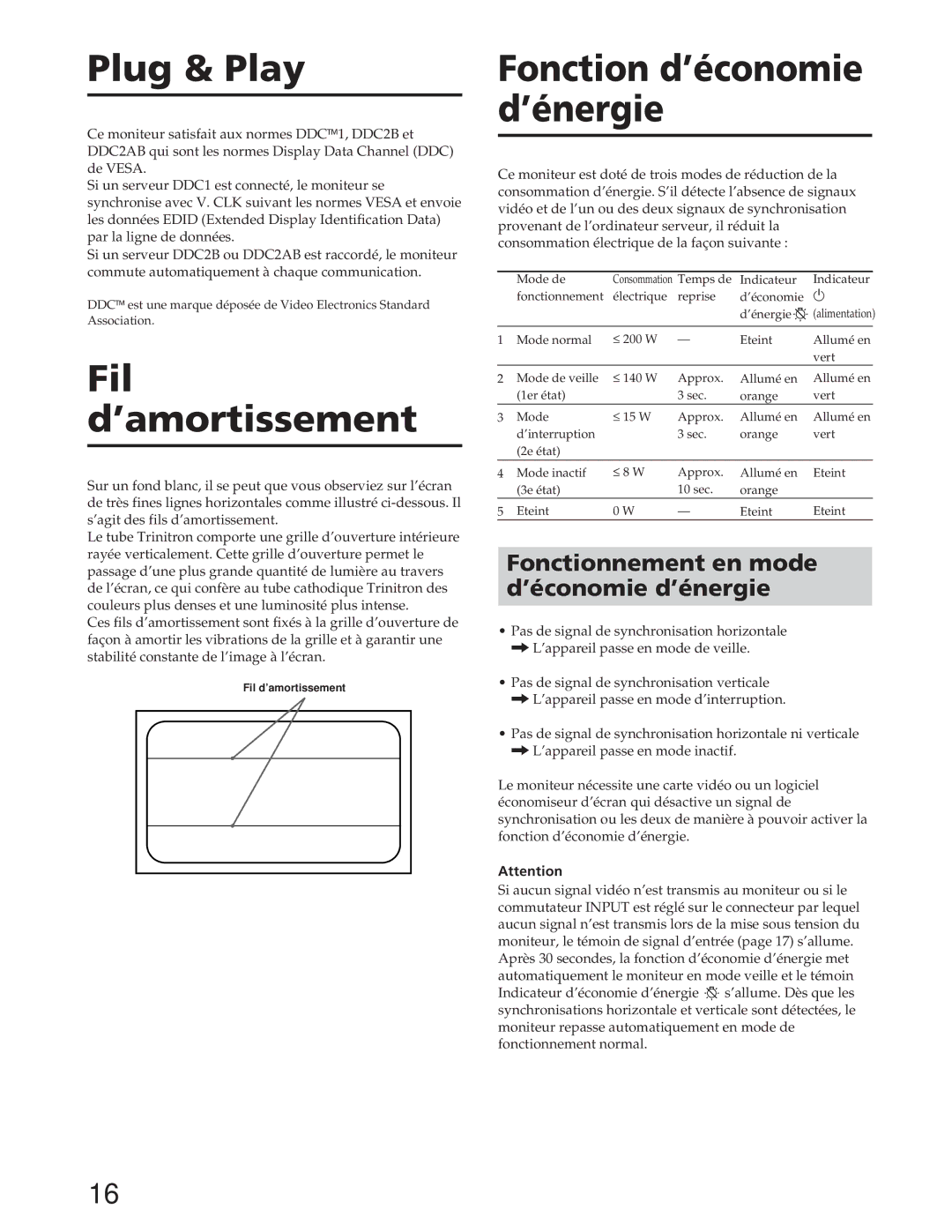 Sony GDM-90W01T manual Fil d’amortissement, Fonctionnement en mode ’économie d’énergie 