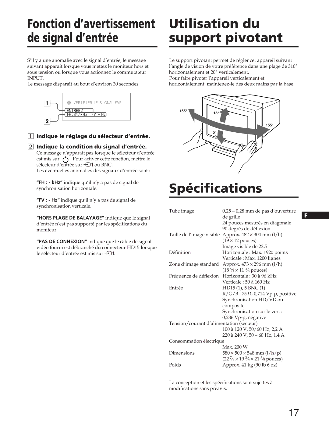 Sony GDM-90W01T manual Utilisation du, De signal d’entrée Support pivotant, Spécifications 