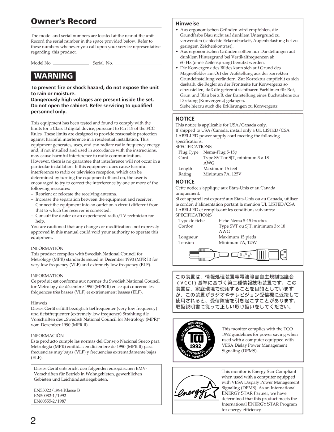 Sony GDM-90W01T manual Owner’s Record 