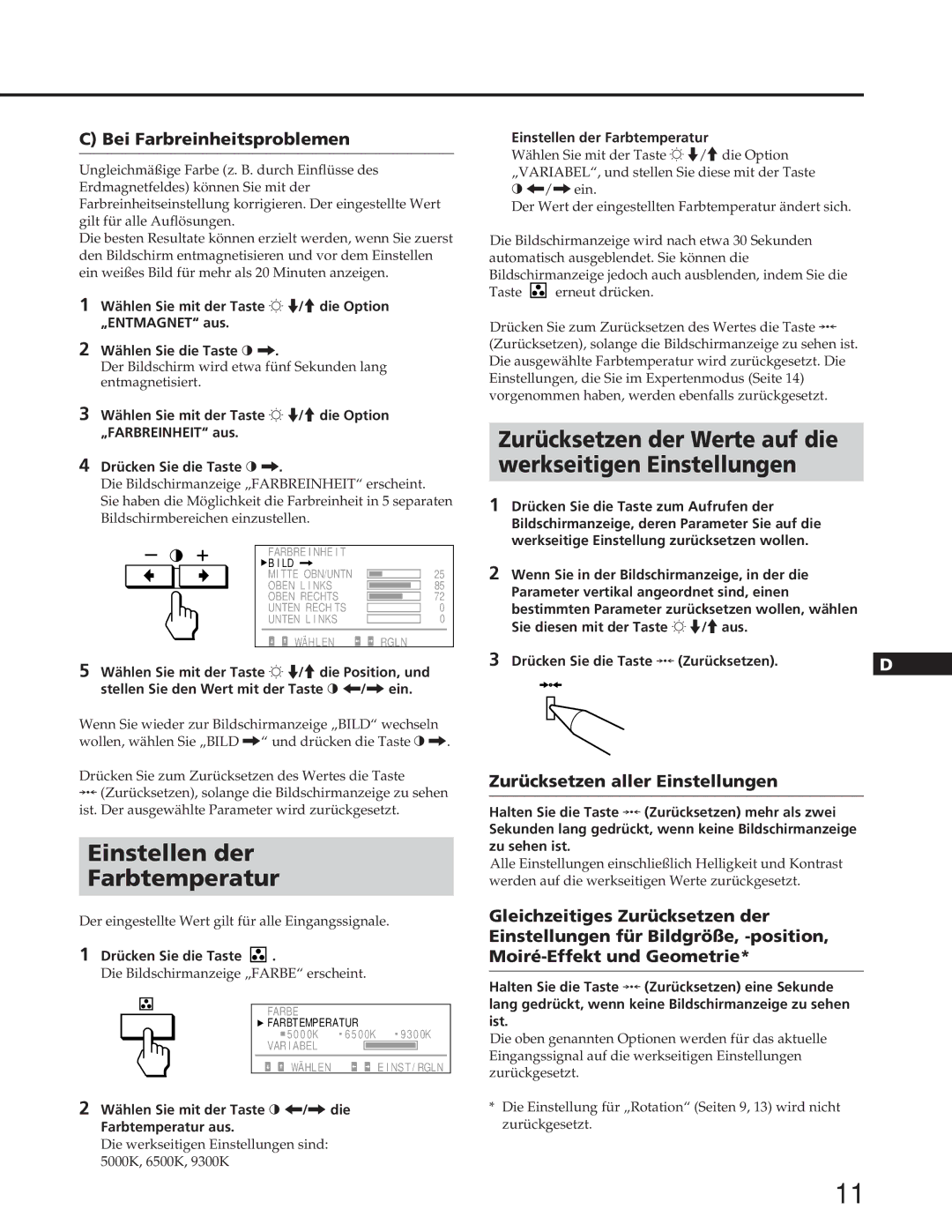 Sony GDM-90W01T manual Einstellen der Farbtemperatur, Zurücksetzen der Werte auf die Werkseitigen Einstellungen 